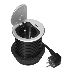 Gniazdo meblowe Ø6cm wpuszczane w blat z pokrywką, ładowarką USB i przewodem 1,9m, 1x2P+Z (French), 1xUSB (typ C; PD20W), srebrne