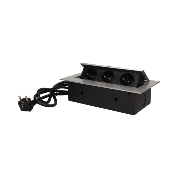 Gniazdo meblowe wpuszczane w blat z płaskim rantem 3x2P+Z, przewód 1,5m 3x1,5mm², srebrne