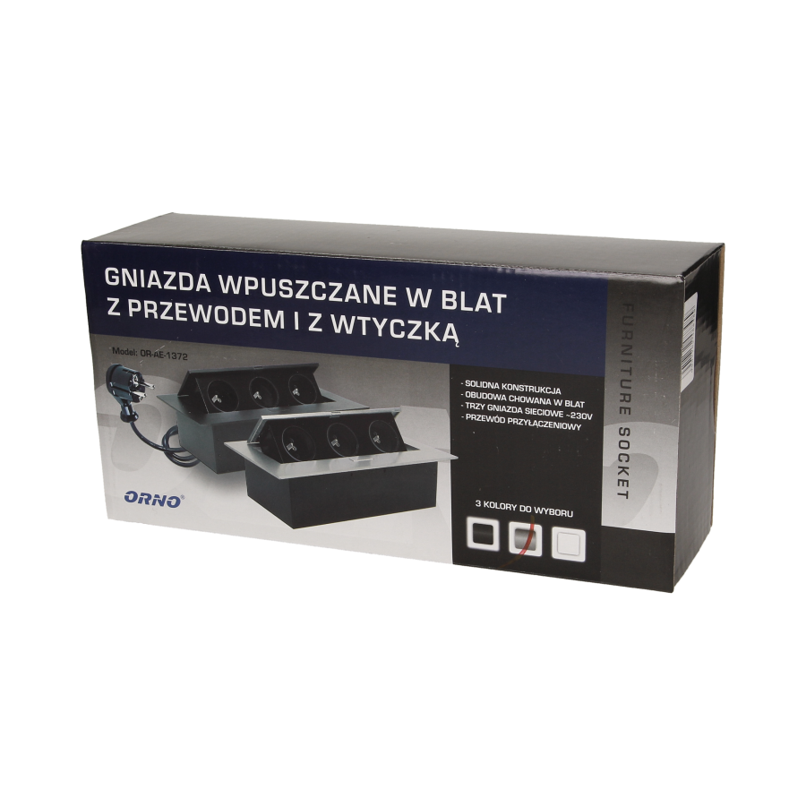 Gniazdo meblowe wpuszczane w blat z płaskim rantem 3x2P+Z, przewód 1,5m 3x1,5mm², srebrne
