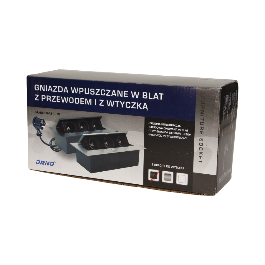 Gniazdo meblowe wpuszczane w blat z płaskim rantem 3x2P+Z, przewód 1,5m 3x1,5mm², czarne