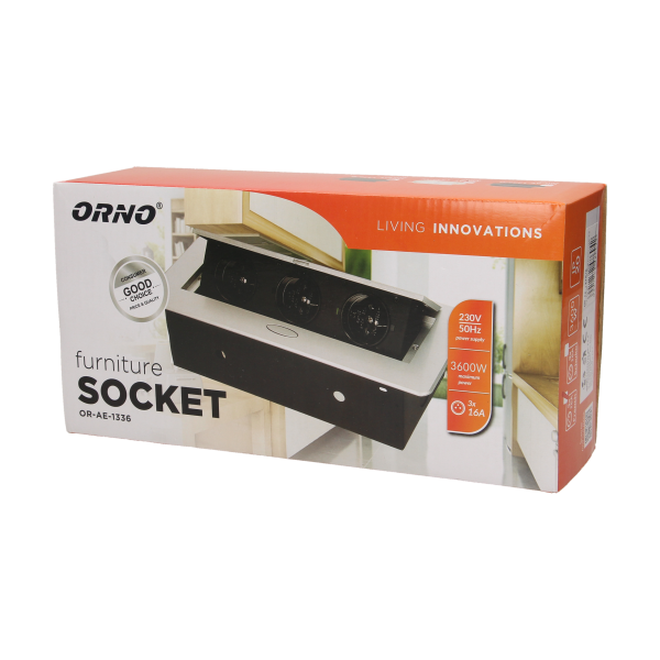 Gniazdo meblowe wpuszczane w blat z płaskim frezowanym rantem, 3x2P+Z, srebrne