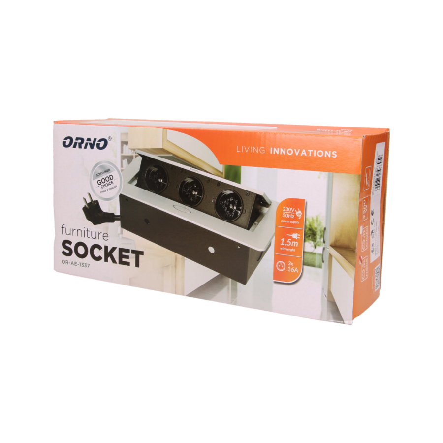 Gniazdo meblowe wpuszczane w blat z płaskim frezowanym rantem i przewodem 1,5m, 3x2P+Z, srebrne