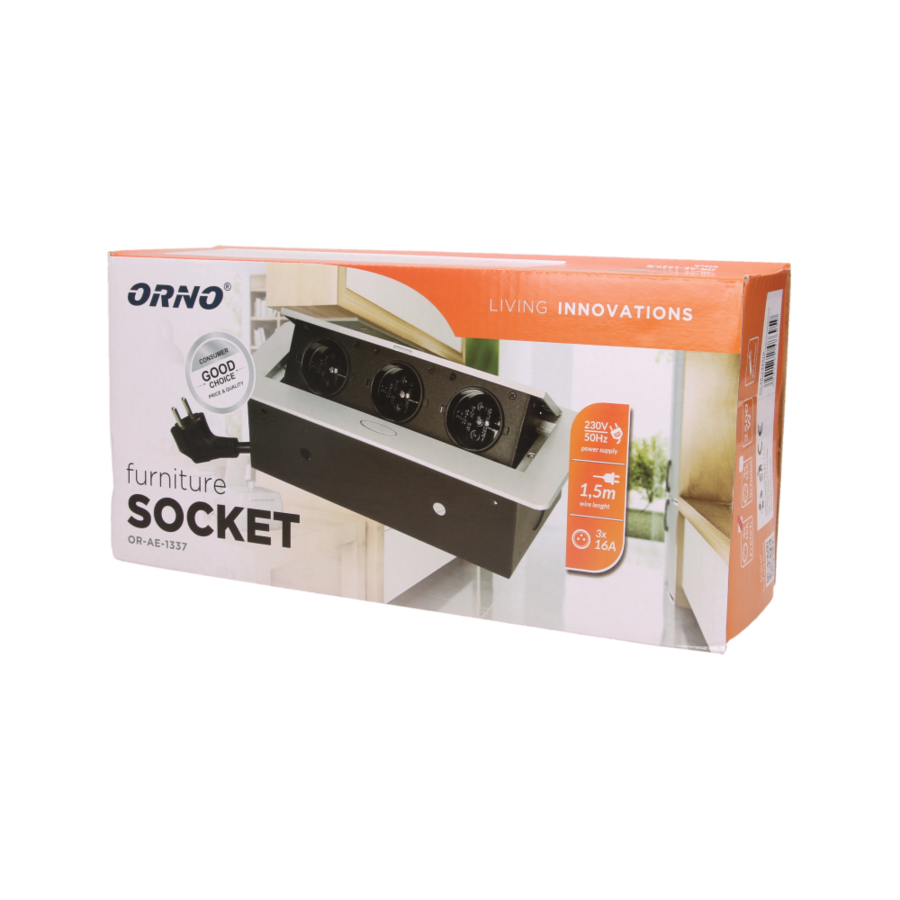 Flush-fitting furniture socket with 1.5m cable, black