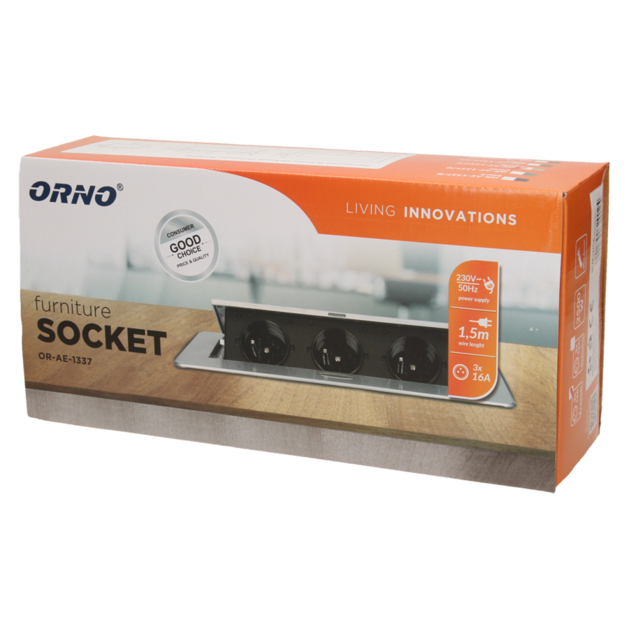 Gniazdo meblowe wpuszczane w blat z płaskim frezowanym rantem i przewodem 1,5m, 3x2P+Z, złote