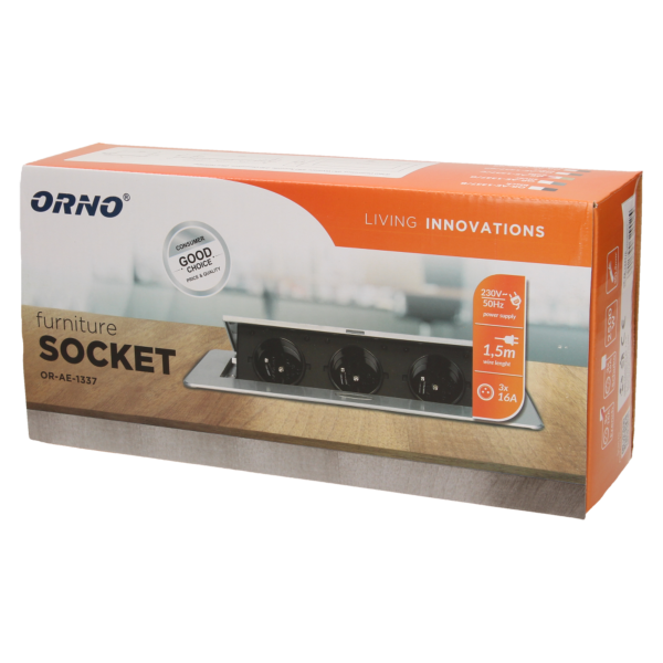 Gniazdo meblowe wpuszczane w blat z płaskim frezowanym rantem i przewodem 1,5m, 3x2P+Z, złote