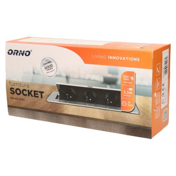 Gniazdo meblowe wpuszczane w blat z płaskim frezowanym rantem i przewodem 1,5m, 3x2P+Z, mosiądz