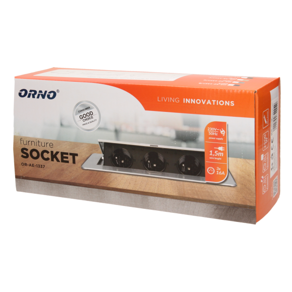 Flush-fitting furniture socket with 1.5m cable, graphite