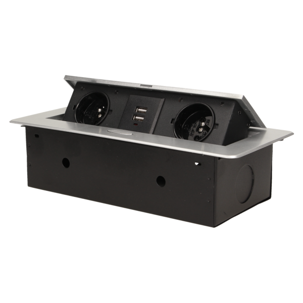 Gniazdo meblowe wpuszczane w blat z płaskim frezowanym rantem i ładowarką USB, 2x2P+Z, 2xUSB, srebrny