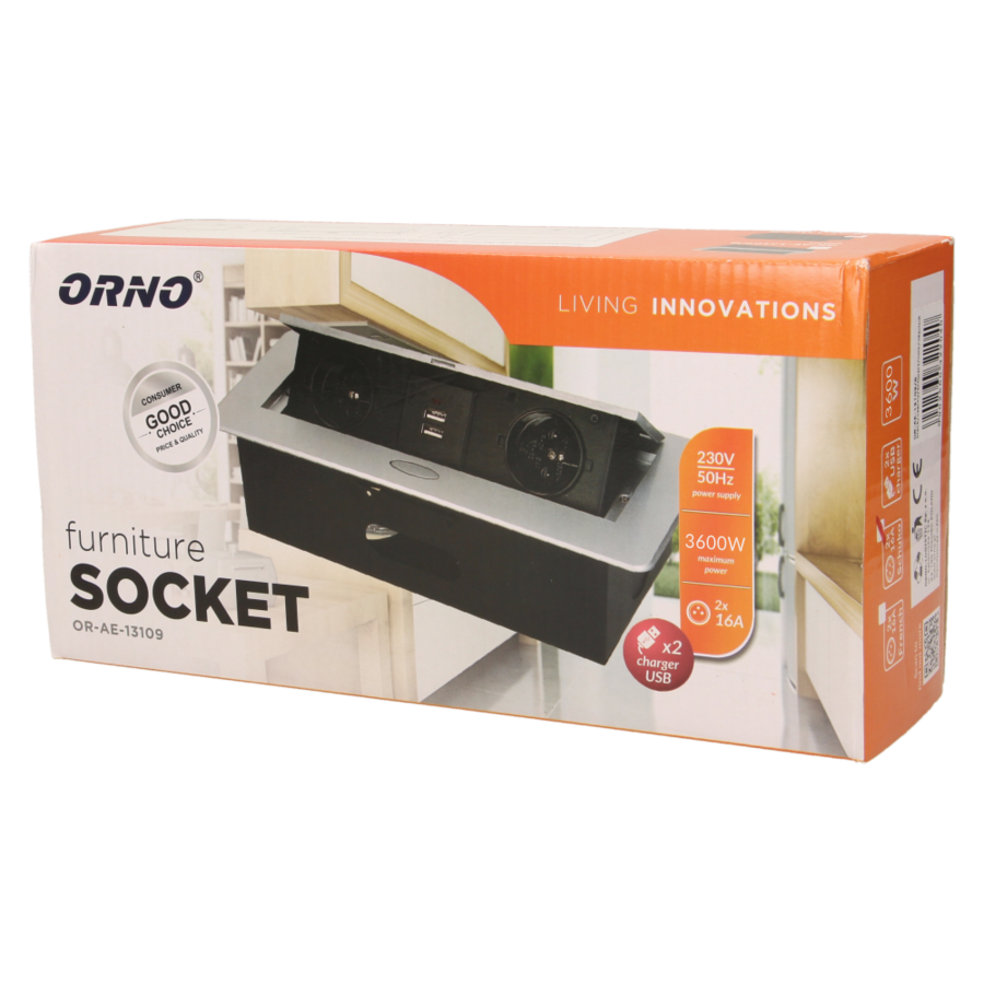 Gniazdo meblowe wpuszczane w blat z płaskim frezowanym rantem i ładowarką USB, 2x2P+Z, 2xUSB, srebrny