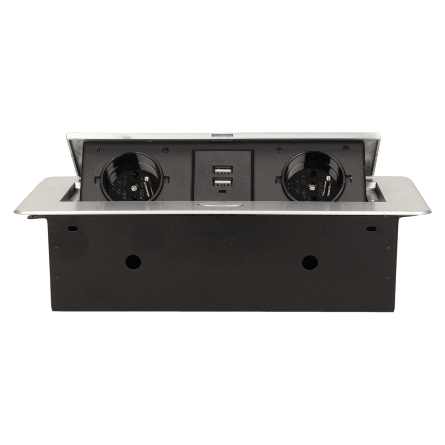 Flush-fitting furniture socket with two USB chargers, silver
