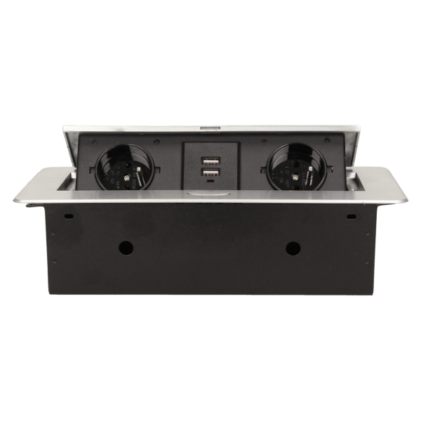 Flush-fitting furniture socket with two USB chargers, silver