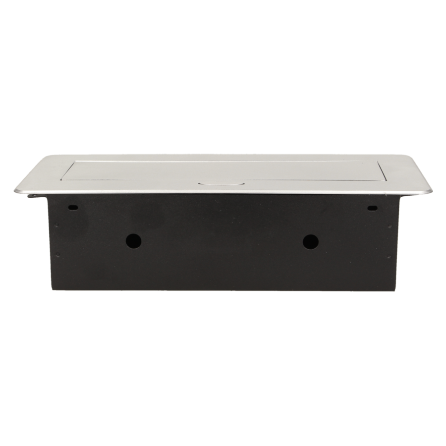 Gniazdo meblowe wpuszczane w blat z płaskim frezowanym rantem i ładowarką USB, 2x2P+Z, 2xUSB, srebrny