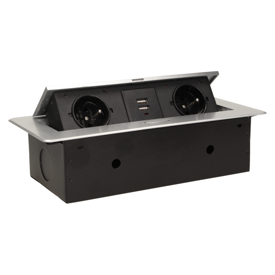 Flush-fitting furniture socket with two USB chargers, silver