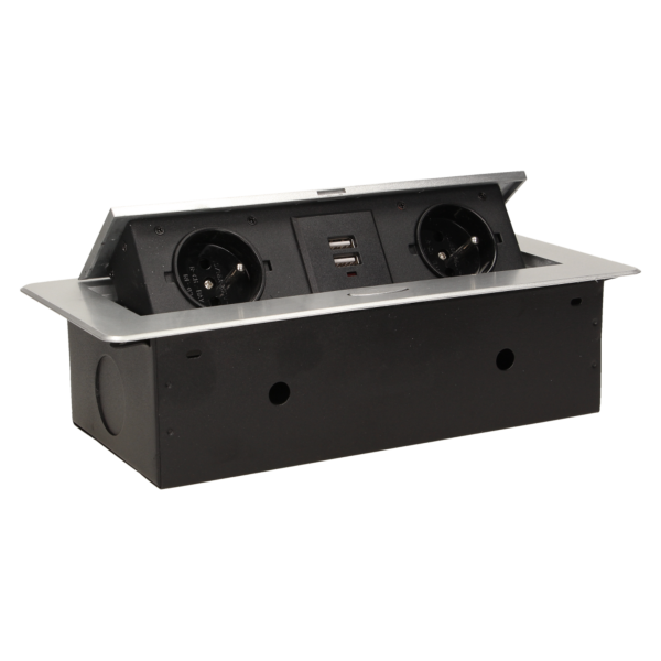Gniazdo meblowe wpuszczane w blat z płaskim frezowanym rantem i ładowarką USB, 2x2P+Z, 2xUSB, srebrny