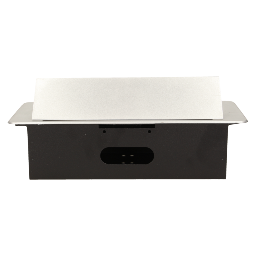 Gniazdo meblowe wpuszczane w blat z płaskim frezowanym rantem i ładowarką USB, 2x2P+Z, 2xUSB, srebrny