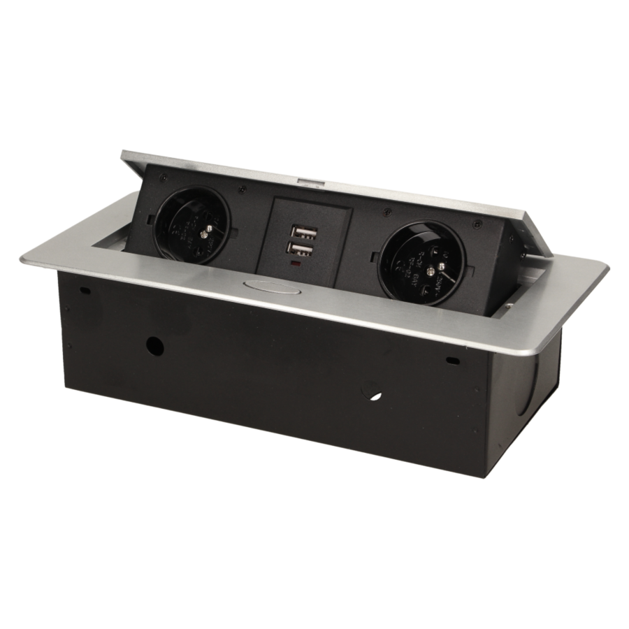Gniazdo meblowe wpuszczane w blat z płaskim frezowanym rantem i ładowarką USB, 2x2P+Z, 2xUSB, srebrny