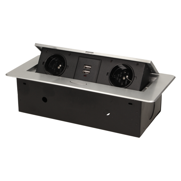 Flush-fitting furniture socket with two USB chargers, silver