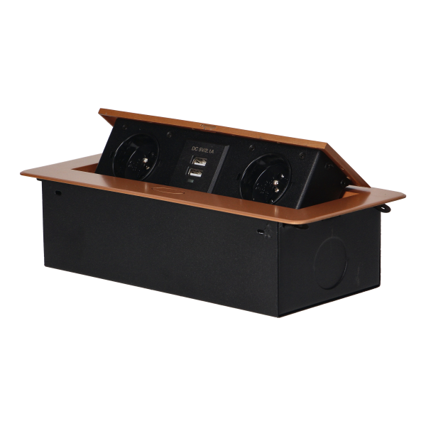 Recessed furniture sockets in a housing with a flat edge and USB charger, 2x2P+E, 2xUSB, gold