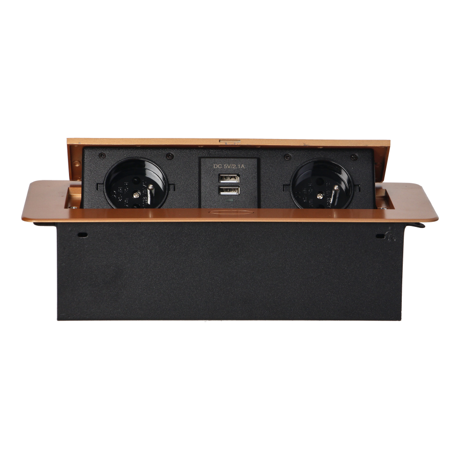 Recessed furniture sockets in a housing with a flat edge and USB charger, 2x2P+E, 2xUSB, gold