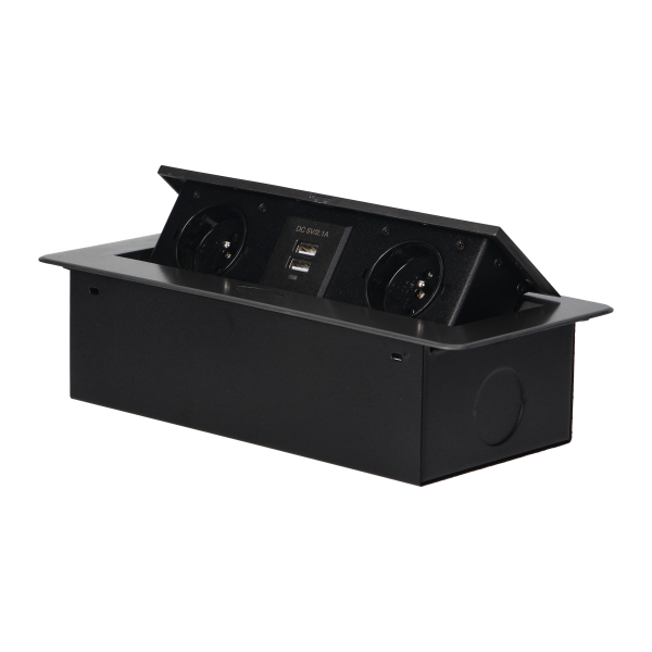 Recessed furniture sockets in a housing with a flat edge and USB charger, 2x2P+E, 2xUSB, graphite