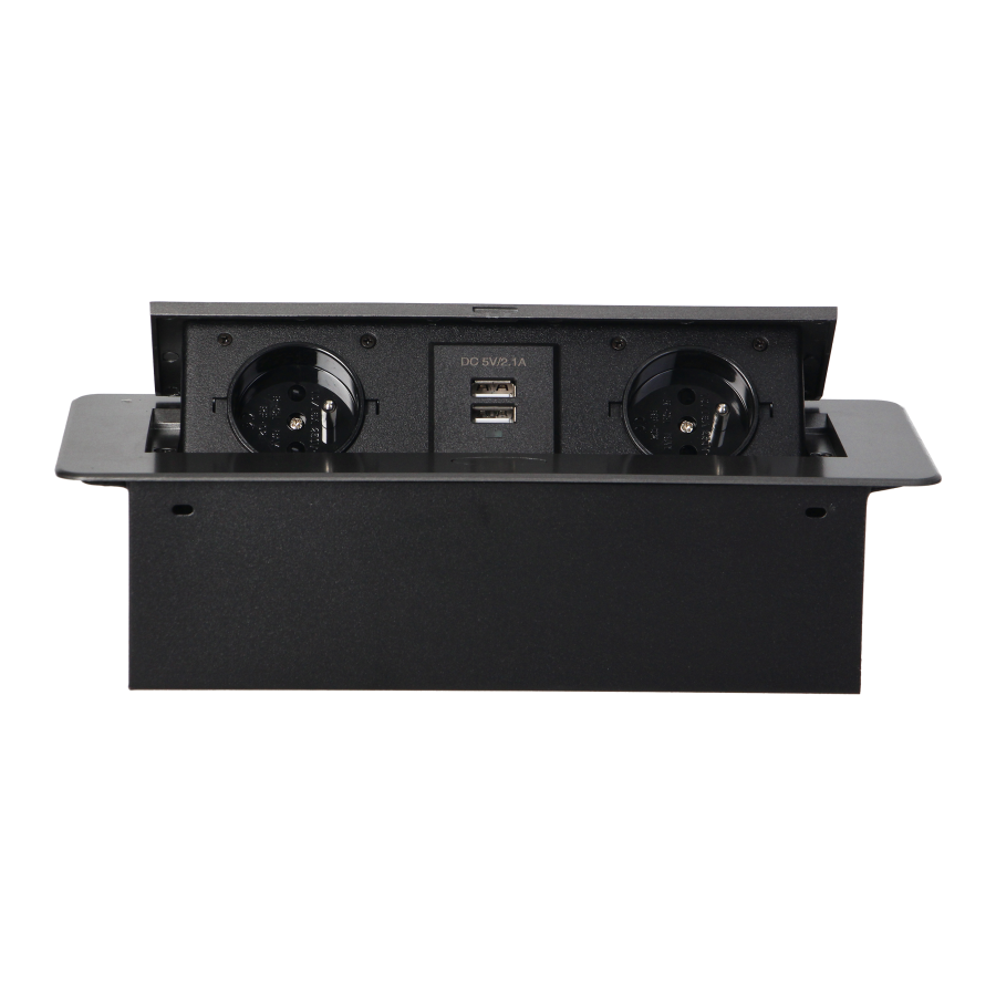 Recessed furniture sockets in a housing with a flat edge and USB charger, 2x2P+E, 2xUSB, graphite