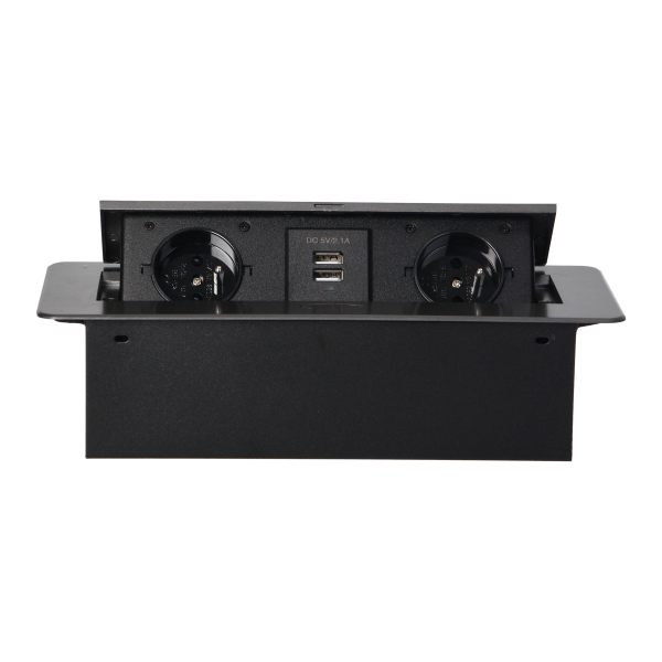 Recessed furniture sockets in a housing with a flat edge and USB charger, 2x2P+E, 2xUSB, graphite