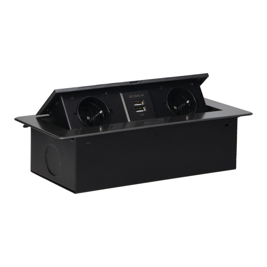 Recessed furniture sockets in a housing with a flat edge and USB charger, 2x2P+E, 2xUSB, graphite