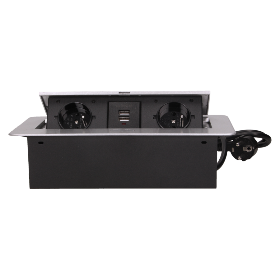 Flush-fitting furniture socket with two USB chargers and 1.5m cable, silver