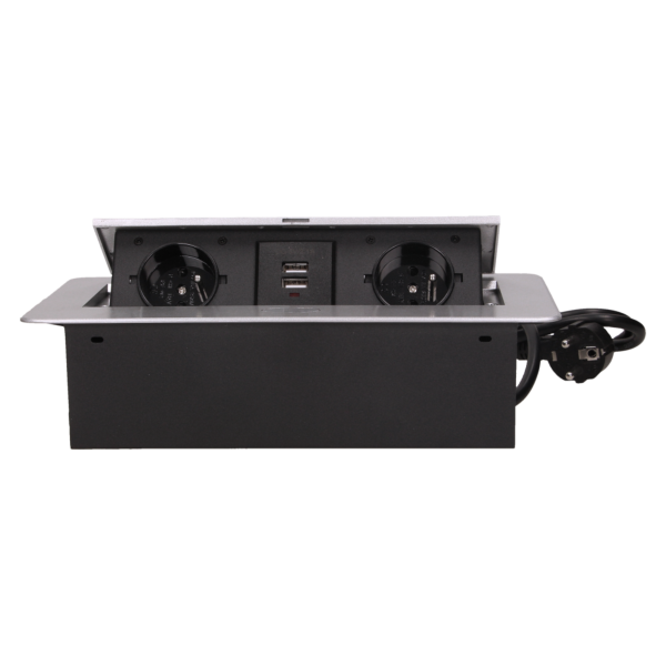 Flush-fitting furniture socket with two USB chargers and 1.5m cable, silver