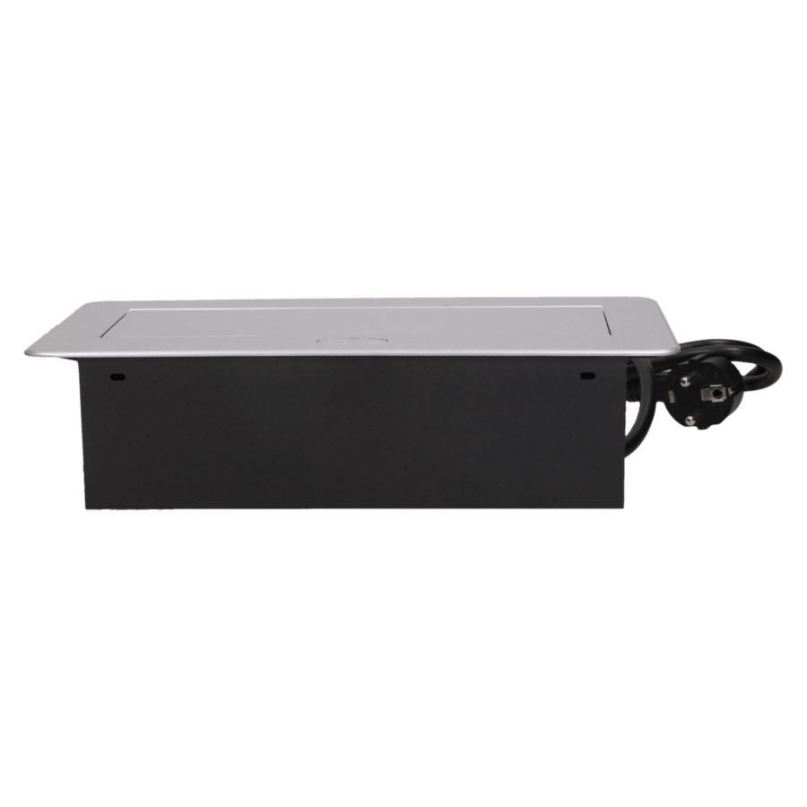 Gniazdo meblowe wpuszczane w blat z płaskim frezowanym rantem, ładowarką USB i przewodem 1,5m, 2x2P+Z, 2xUSB, srebrne