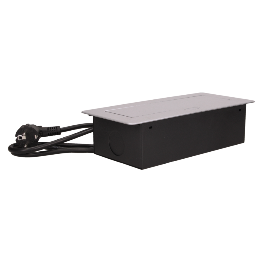 Gniazdo meblowe wpuszczane w blat z płaskim frezowanym rantem, ładowarką USB i przewodem 1,5m, 2x2P+Z, 2xUSB, srebrne