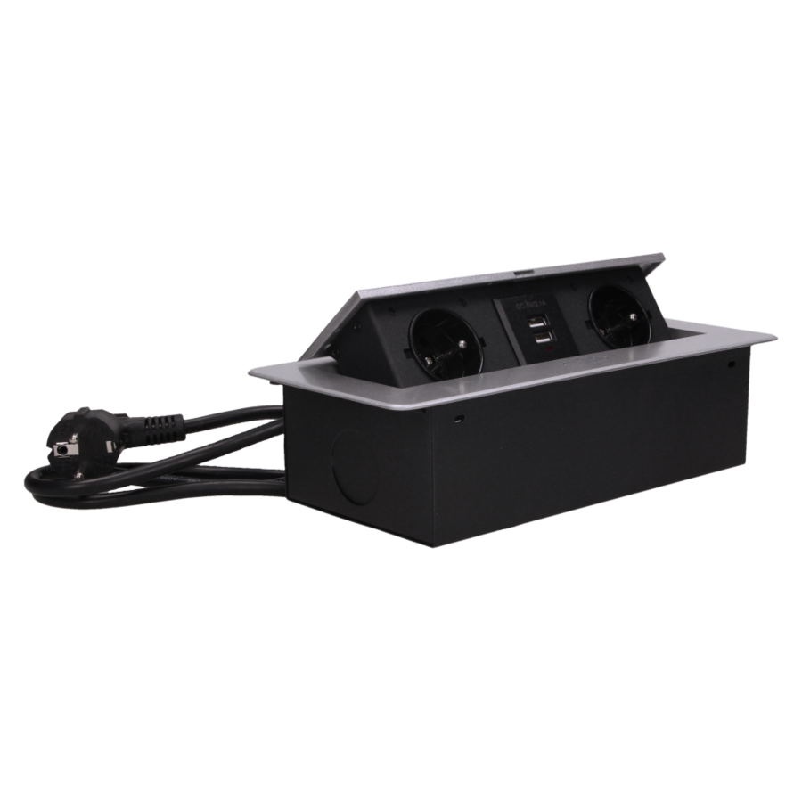 Gniazdo meblowe wpuszczane w blat z płaskim frezowanym rantem, ładowarką USB i przewodem 1,5m, 2x2P+Z, 2xUSB, srebrne