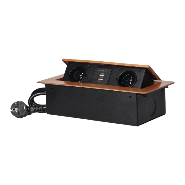 Recessed furniture sockets in a housing with a flat edge, USB charger and 1.5 m cable, 2x2P+E, 2xUSB, gold