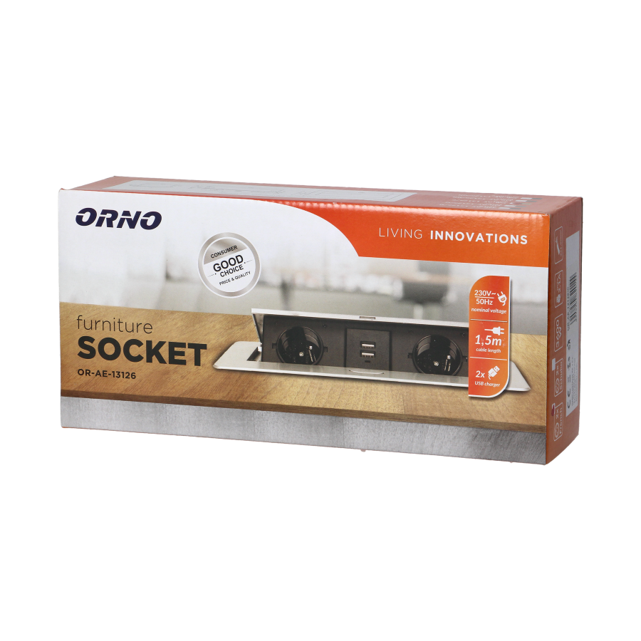 Recessed furniture sockets in a housing with a flat edge, USB charger and 1.5 m cable, 2x2P+E, 2xUSB, gold