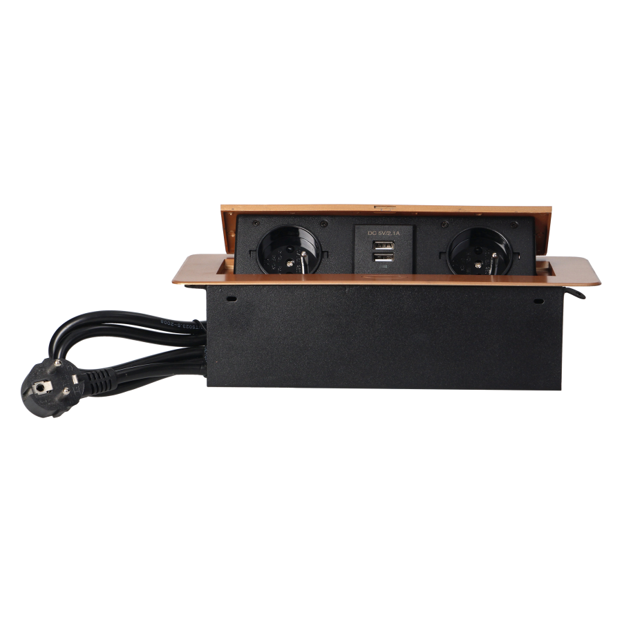 Recessed furniture sockets in a housing with a flat edge, USB charger and 1.5 m cable, 2x2P+E, 2xUSB, gold