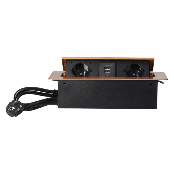 Recessed furniture sockets in a housing with a flat edge, USB charger and 1.5 m cable, 2x2P+E, 2xUSB, gold