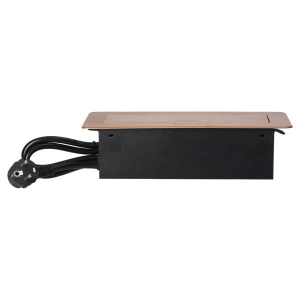 Gniazda meblowe wpuszczane w blat z płaskim frezowanym rantem, ładowarką USB i przewodem 1,5m, 2x2P+Z, 2xUSB, złote