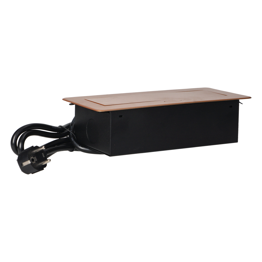 Gniazda meblowe wpuszczane w blat z płaskim frezowanym rantem, ładowarką USB i przewodem 1,5m, 2x2P+Z, 2xUSB, złote