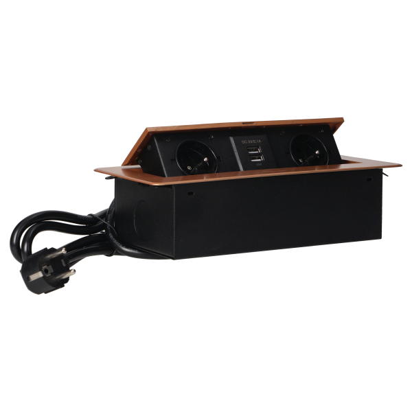 Recessed furniture sockets in a housing with a flat edge, USB charger and 1.5 m cable, 2x2P+E, 2xUSB, gold