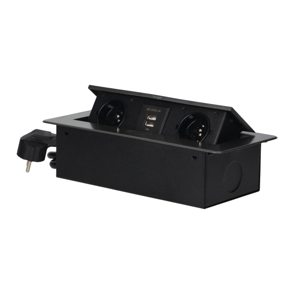 Recessed furniture sockets in a housing with a flat edge, USB charger and 1.5 m cable, 2x2P+E, 2xUSB, graphite