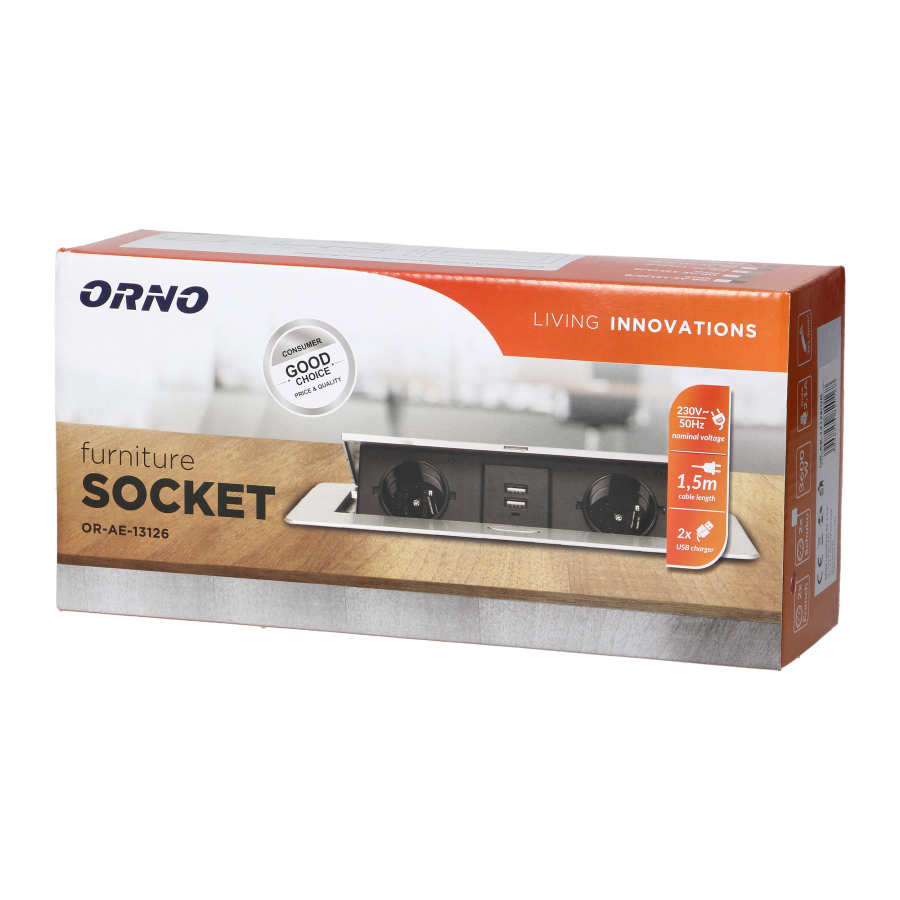 Gniazda meblowe wpuszczane w blat z płaskim frezowanym rantem, ładowarką USB i przewodem 1,5m, 2x2P+Z, 2xUSB, grafitowe