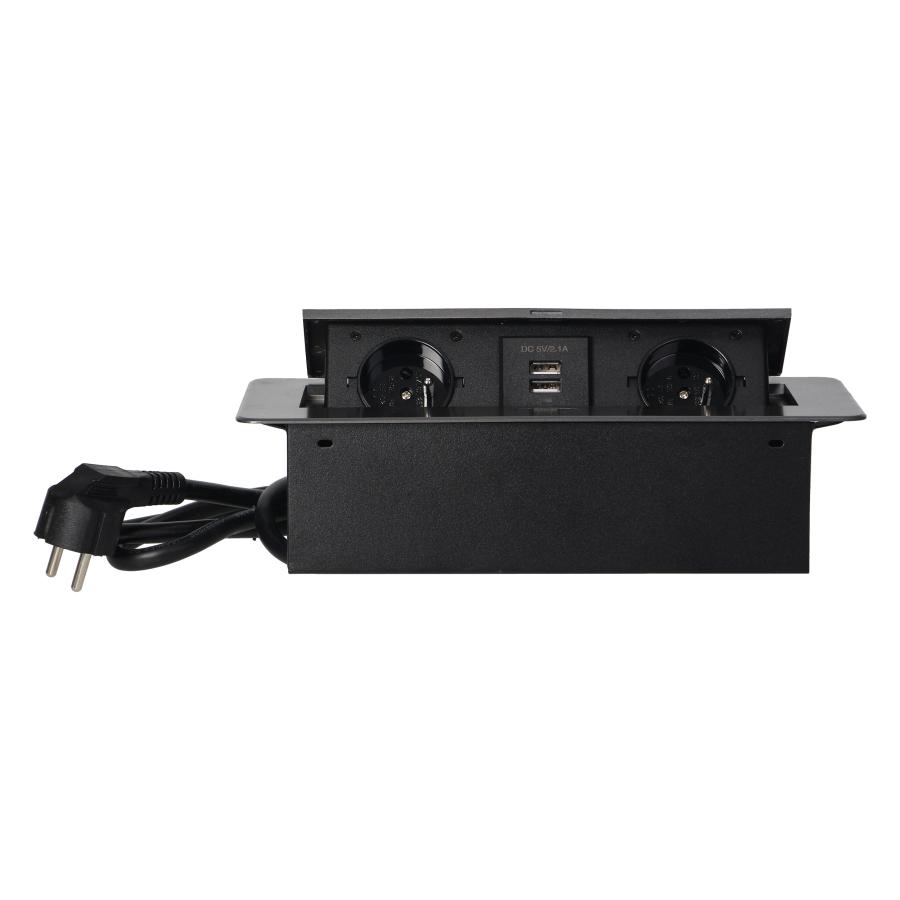 Recessed furniture sockets in a housing with a flat edge, USB charger and 1.5 m cable, 2x2P+E, 2xUSB, graphite