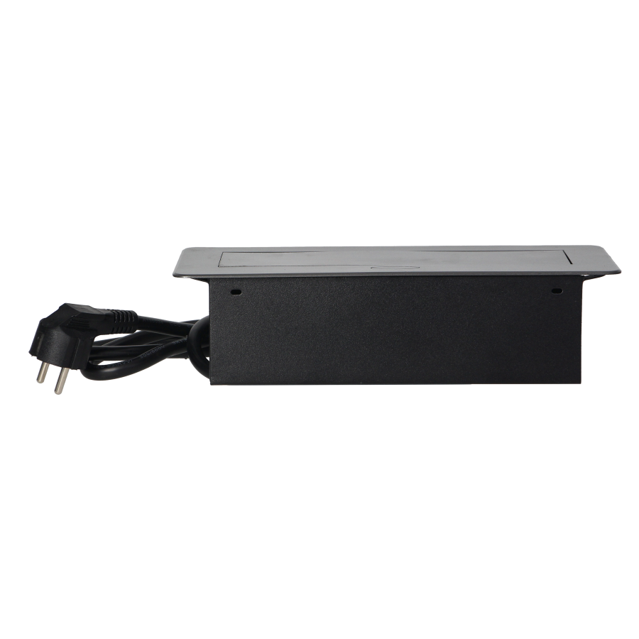 Gniazda meblowe wpuszczane w blat z płaskim frezowanym rantem, ładowarką USB i przewodem 1,5m, 2x2P+Z, 2xUSB, grafitowe