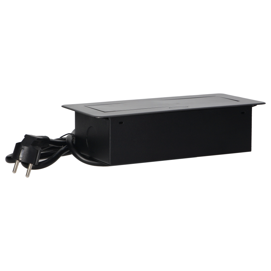 Gniazda meblowe wpuszczane w blat z płaskim frezowanym rantem, ładowarką USB i przewodem 1,5m, 2x2P+Z, 2xUSB, grafitowe