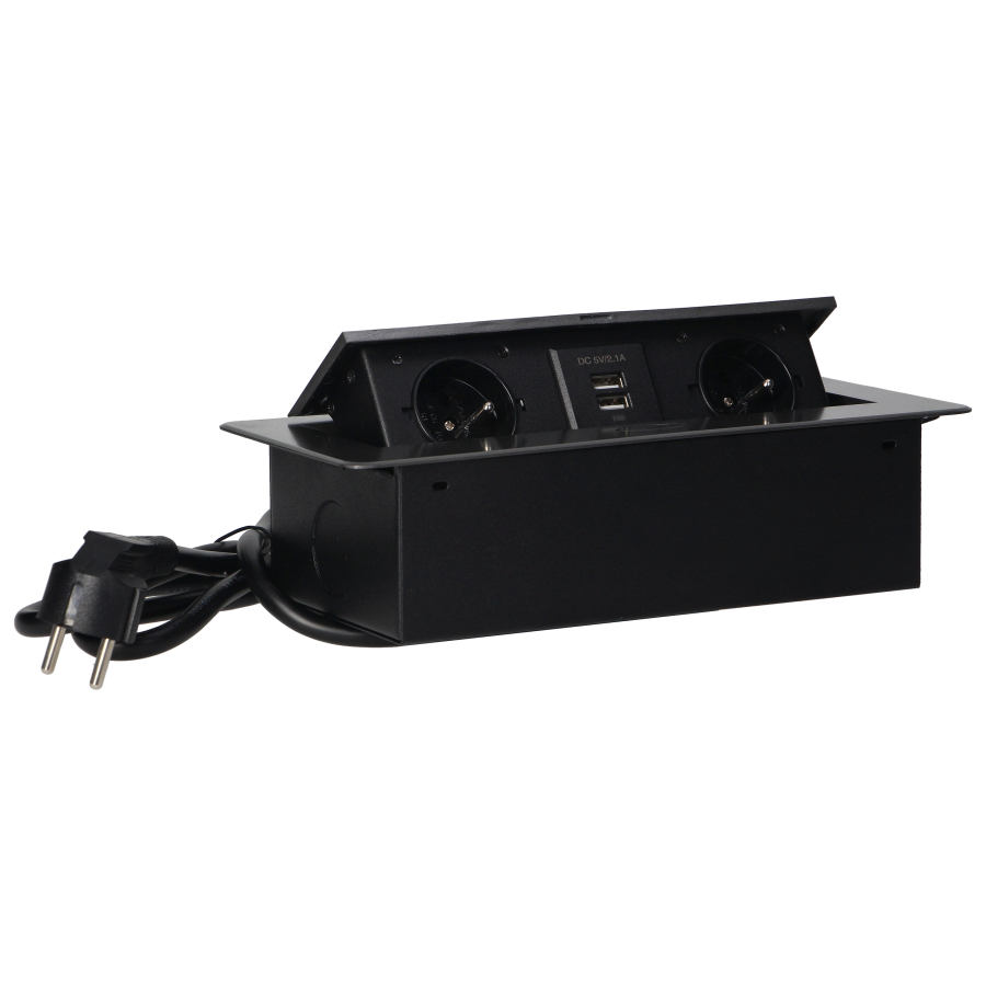 Recessed furniture sockets in a housing with a flat edge, USB charger and 1.5 m cable, 2x2P+E, 2xUSB, graphite