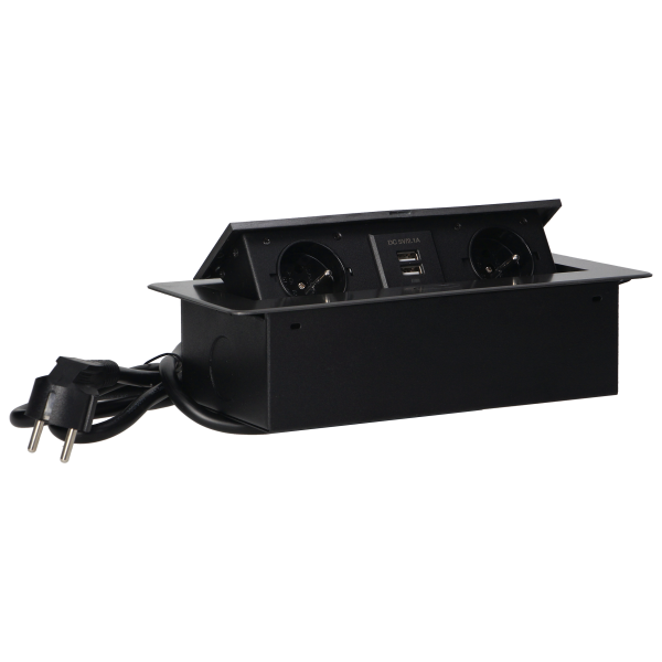 Recessed furniture sockets in a housing with a flat edge, USB charger and 1.5 m cable, 2x2P+E, 2xUSB, graphite