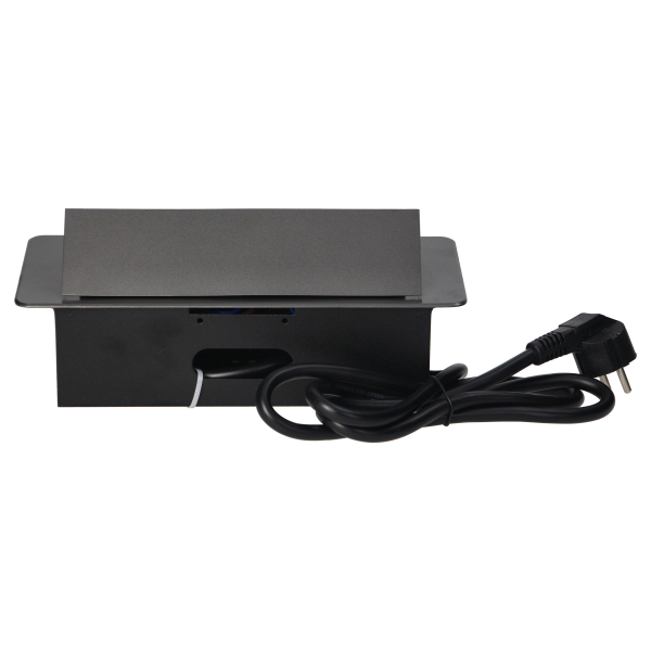 Gniazda meblowe wpuszczane w blat z płaskim frezowanym rantem, ładowarką USB i przewodem 1,5m, 2x2P+Z, 2xUSB, grafitowe