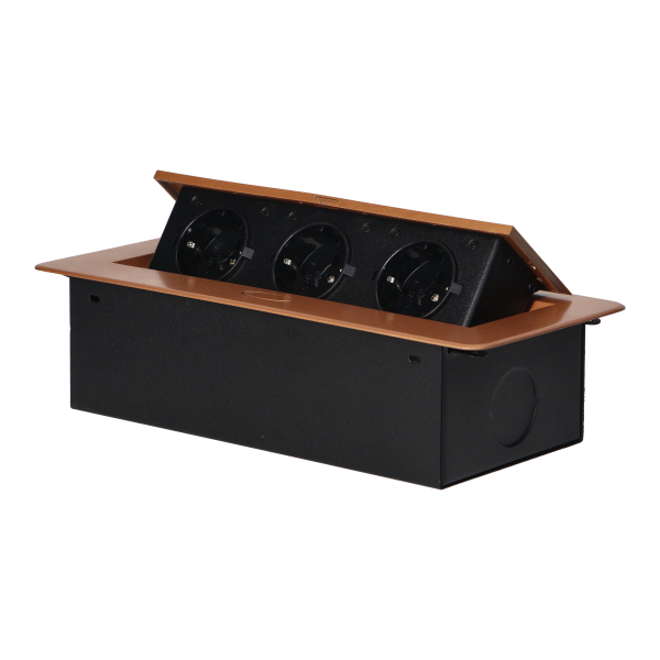 Recessed furniture sockets in housing with flat edge, 3x2P+E (Schuko), gold, no cable included