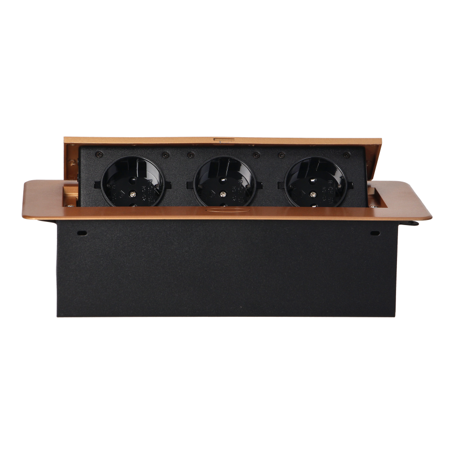 Recessed furniture sockets in housing with flat edge, 3x2P+E (Schuko), gold, no cable included