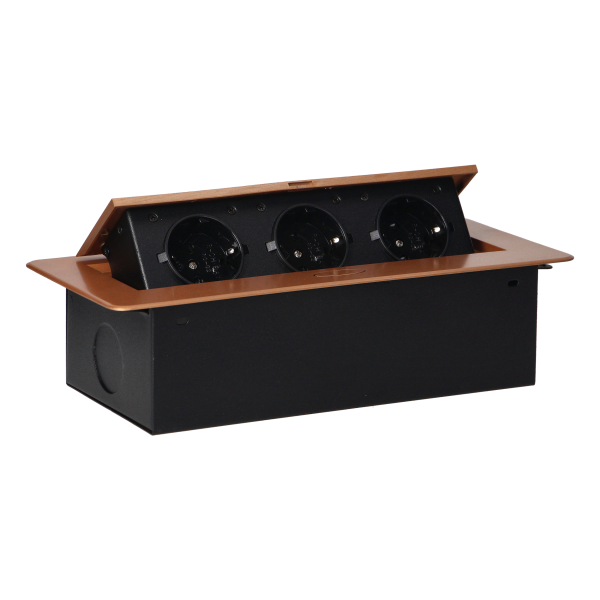 Recessed furniture sockets in housing with flat edge, 3x2P+E (Schuko), gold, no cable included